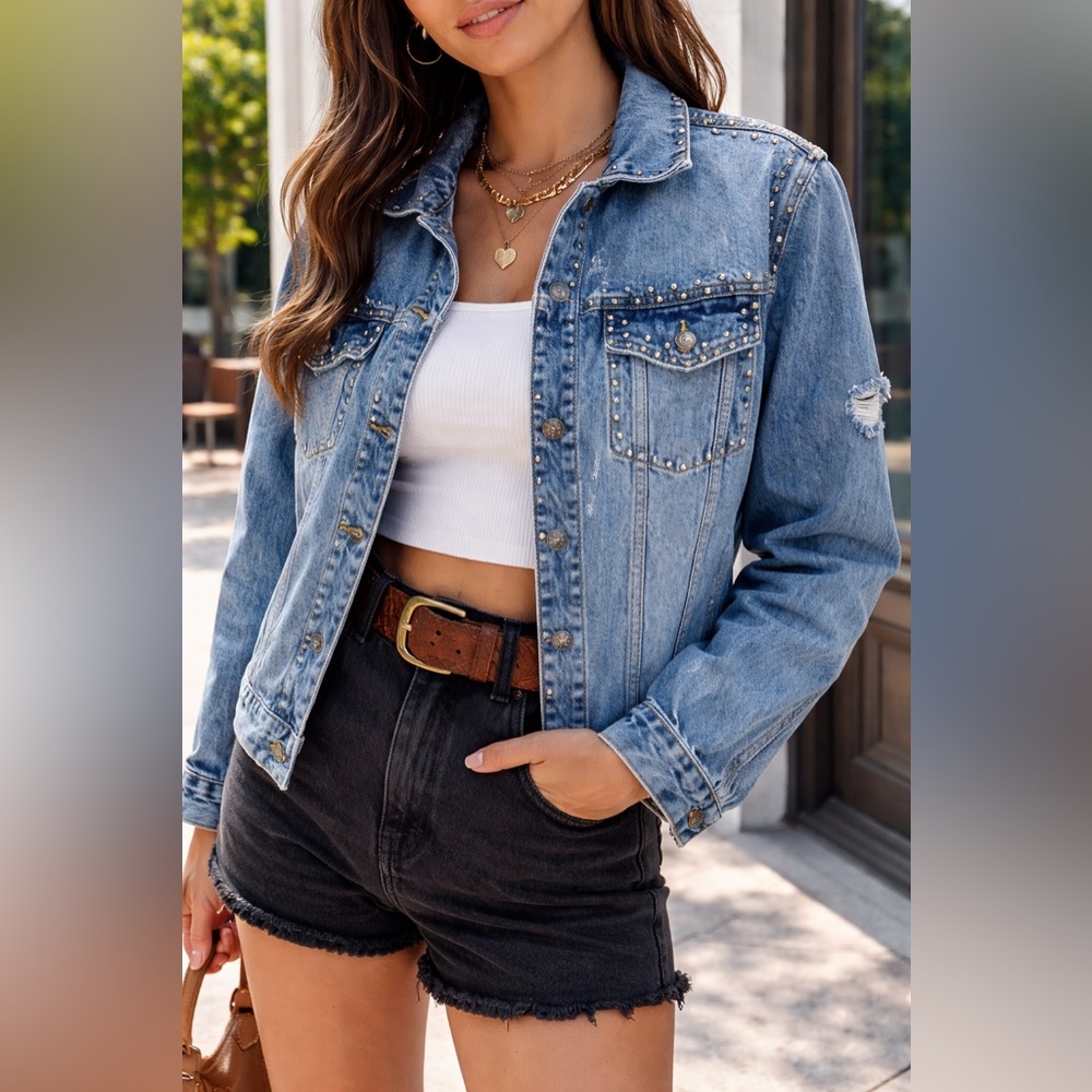 Free People Studded Distressed Denim Jacket Boho Western Festival Womens M